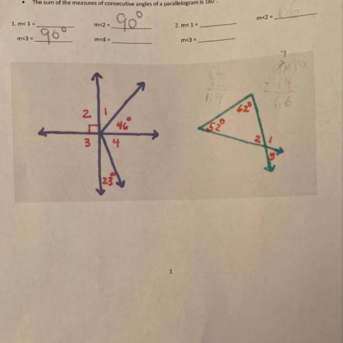 What are the angle measurements of angles 1 &4 for #1 & measurements of angles 1-3 on #2?