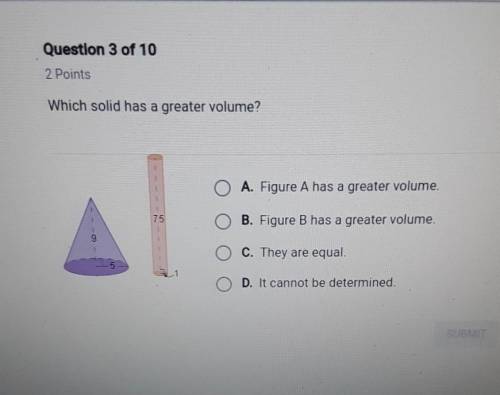 Which solid has a greater volume?

A. Figure A has a greater volume.75B. Figure B has a greater vo