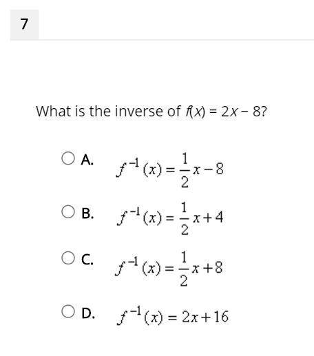 What is the inverse of f(x) = 2x − 8?