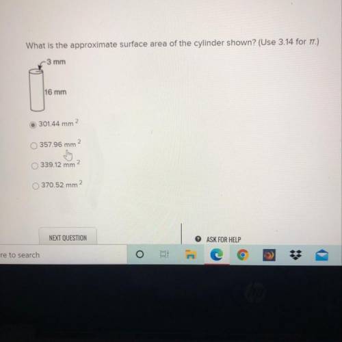 What is the approximate surface area of the cylinder shown? (Use 3.14 for TT.)

-3 mm
1-
116 mm
30