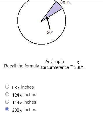 A sector of a circle has an arc length of 8 pi inches and a central angle of 20 degrees, as shown.