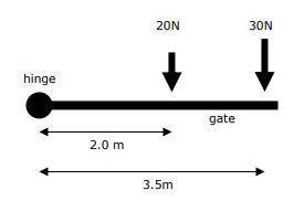 Two people push on a large gate as shown on the view from above in the diagram. If the moment of in