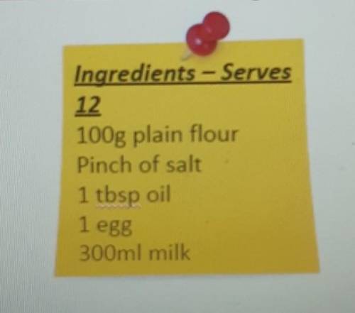1)How many pinches of salt would be in 24 servings?

2) How many eggs would be needed to serve 18
