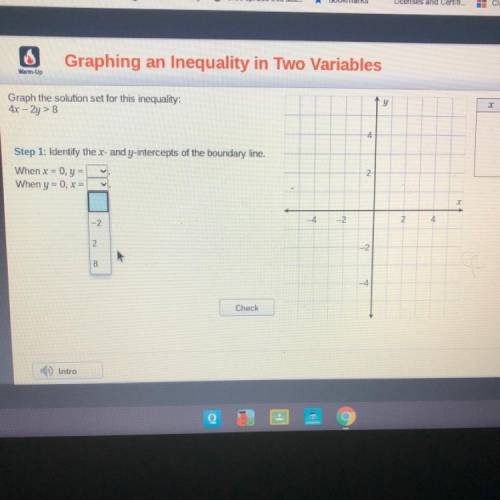 Graph the solution set for this inequality:
4x - 2y > 8