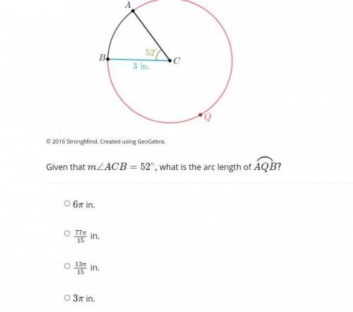 Examine the diagram of circle C. Points A, B, and Q are on circle C. Given that m∠ACB=52∘, what is
