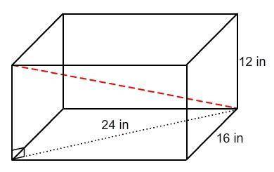A shipping box has dimensions as shown in the diagram. The red, dashed line represents the longest