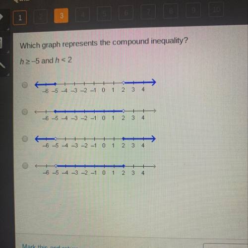 Help I need to pass !!! Which graph represents the compound inequality?

h2-5 and h = 2
-6 -5 4 -3