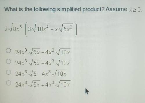 What is the following simplified product? Assume x>0

2 square root 8x^3(3 square root 10x^4-x