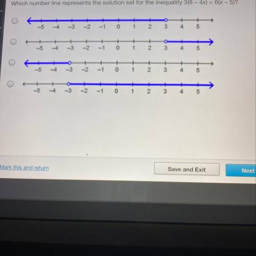 Which number line represents the solution set for the inequality 
3(8-4x)<6(x-5)?