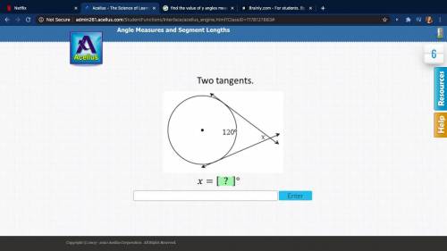 Two tangents. find x. angle measures and segment lengths. Acellus. PLEASE HELP!!!