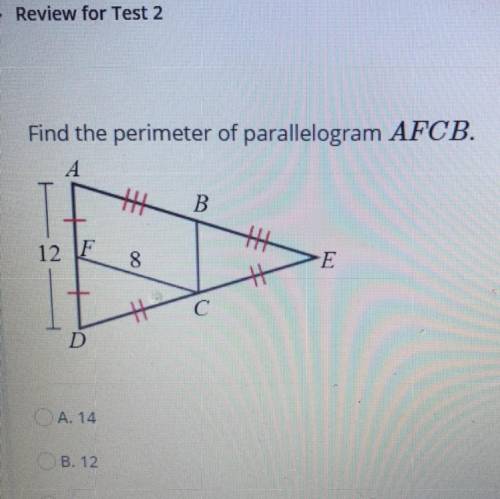 Find the perimeter of parallelogram AFCB.
A. 14
B. 12
C. 28
D. 24