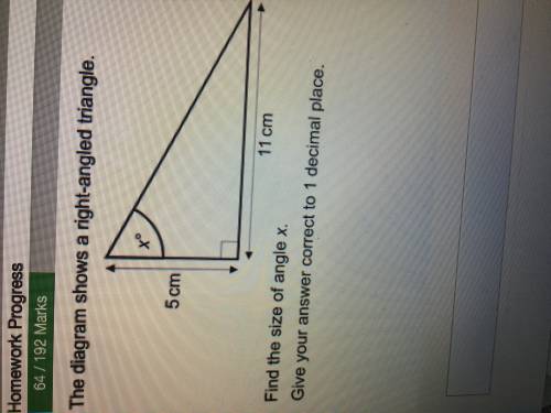 the diagrams shows a right-angled triangle. find the size of angle x. give your answer correct to 1