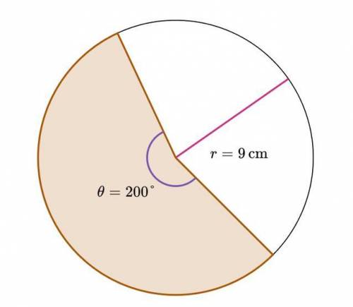 A sector with a central angle measure of 200 degrees has a radius of 9 cm. What is the area of the