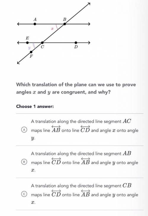 Line AB and Line CD are parallel lines. Which translation of the plane can we use to prove angles x