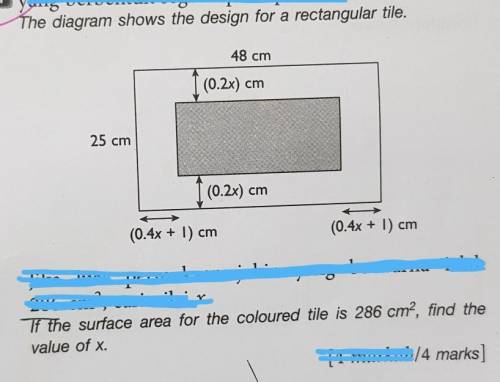 If the surface area for the coloured tile is 286cm², find thevalue of x.pls hlp（--；)