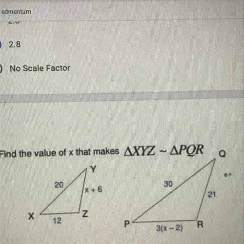 PLZ HELP Find the value of x that makes ΔXYZ~PQR