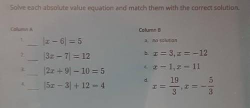 Solve each absolute value equation and match them with the correct solution.