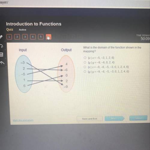 What is the domain of the function shown in the

mapping?
O x x= -5,-3,1,2,6}
O fyy=-9,-6,0, 2, 4)