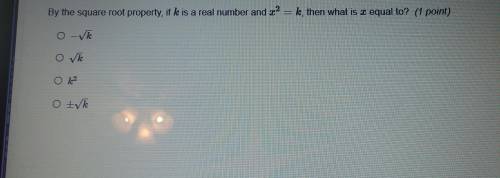 Please help 40 POINTS 1. By the square root property, if k is a real number and x^2=k, then wha