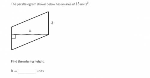 The parallelogram shown below has an area of 15 squared. Find the missing height. h=? units