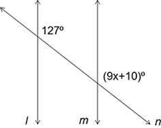 Find the value of x for which the lines l and m are parallel. Question 7 options: A) 5 B) 13 C) 4.7