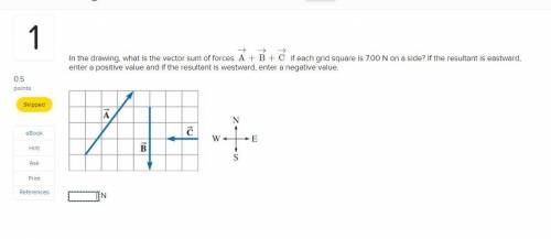 In the drawing, what is the vector sum of forces A→+B→+C→ if each grid square is 7.00 N on a side?