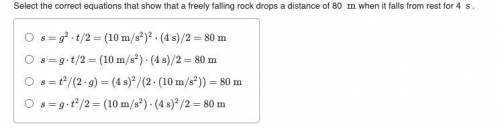 Select the correct equations that show that a freely falling rock drops a distance of 80 m when it