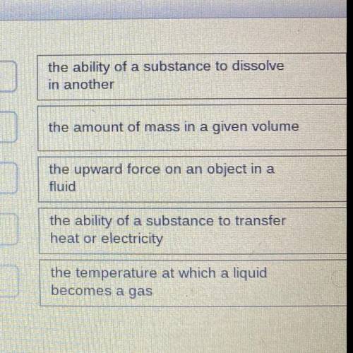 Match each physical property of matter to the appropriate definition

conductivity
density
buoyant