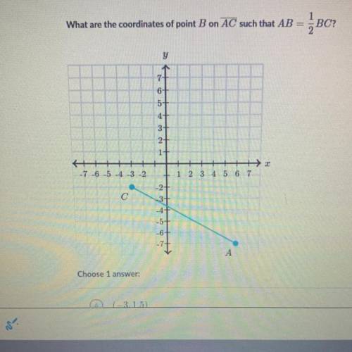 What are the coordinates of point B on AC such that AB = 1/2 BC

A. (-3, 1.5)
B. (-3, 1.6)
C. (3,