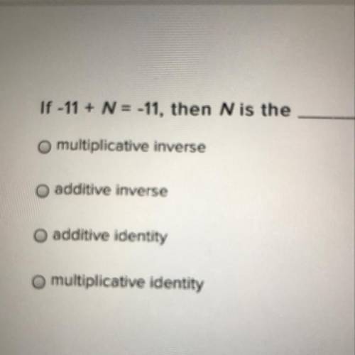 If -11 + N = -11, then N is the

o multiplicative inverse
O additive inverse
O additive identity
o