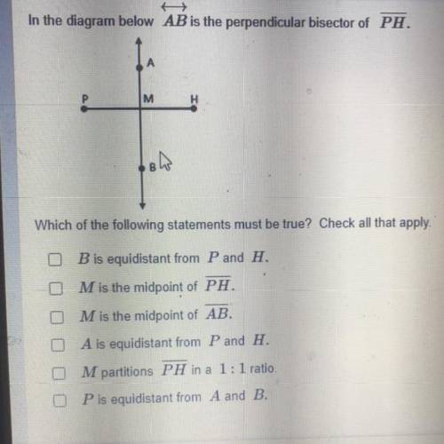 In the diagram AB Is the perpendicular bisector of PH. Help