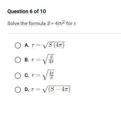 Solve the formula S=4πr^2 for r