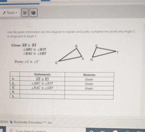 Use the given information and the diagram to explain and justify (complete the proof) why Angle C i