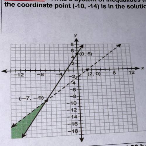Write a system of inequalities to match the graph and prove that

the coordinate point (-10,-14) i