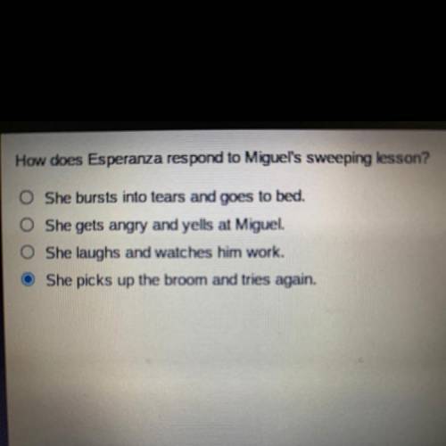 Please help i am being timed :))

How does Esperanza respond to Miguel's sweeping lesson?
a. She b