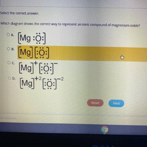 Which diagram shows the correct way to represent an ionic compound of magnesium oxide?

ОА.
OB.
[M