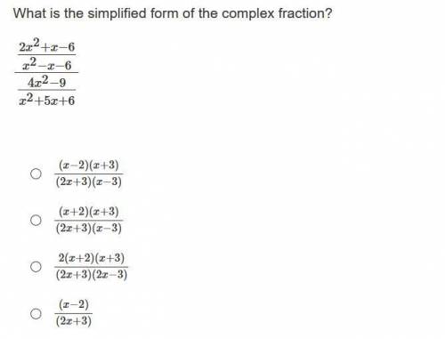 What is the simplified form of the complex fraction?
2x^2+x−6/x^2−x−6/4x^2−9/x^2+5x+6