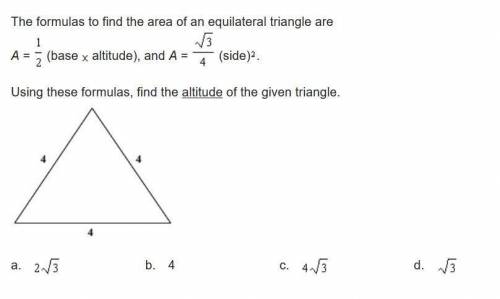 Using these formulas, find the altitude of the given triangle (see the image).