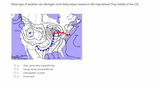 What type of weather can Michigan most likely expect based on the map below? (Top middle of the US)