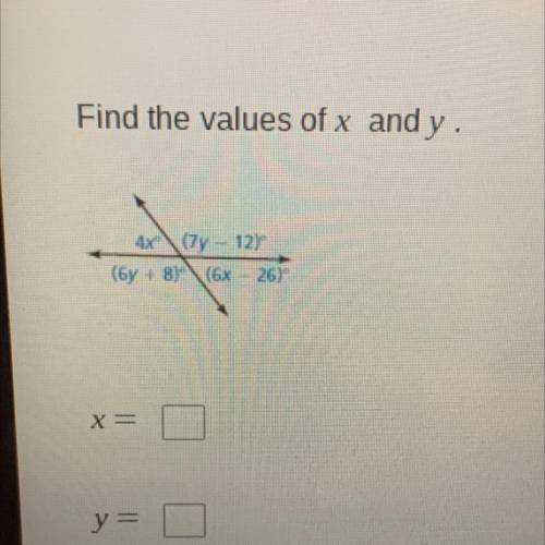 Find the values of x and y.
4x(7y - 12)
(6y + 8) (6x-26)