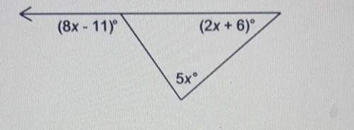Solve for x. What is the measure of the exterior angle?