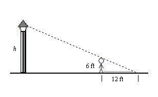 A person standing 28 feet from a street light casts a shadow as shown. What is the height h of the
