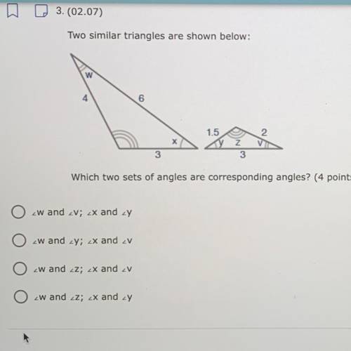 Two similar triangles are shown below:

Which two sets of angles are corresponding angles? (4 poin