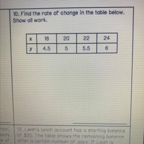 Find the rate of change in the table below.
Show all work.