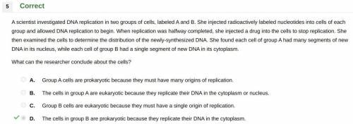 A scientist investigated DNA replication in two groups of cells, labeled A and B. She injected radi