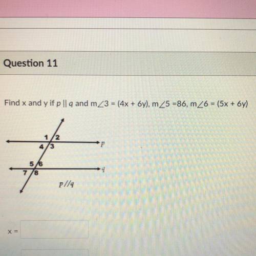 Find x and y if p || q and m3=(4x+6y),m5=86,and m6=(5x+6y)