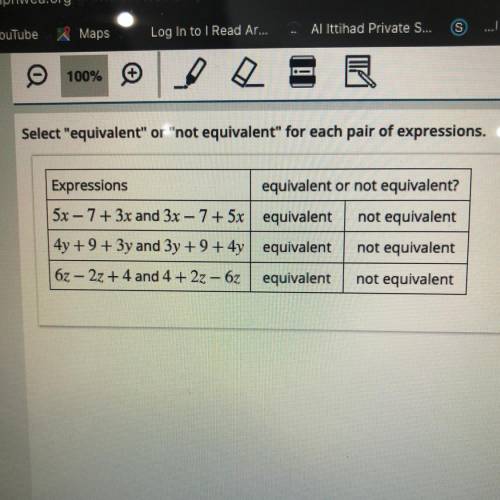Select equivalent or not equivalent for each pair of expressions.

Expressions
equivalent or n