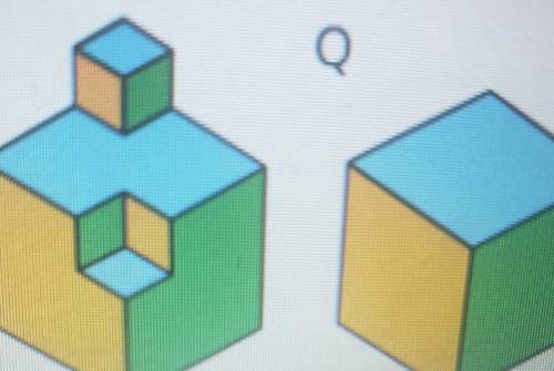 Polyhedron P is a cube with a corner removed and relocated to the top of P. Polyhedron Q is a cube.