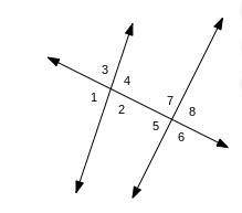 Identify a pair of alternate exterior angles.

a. 6 and 8
b. 2 and 7
c. 3 and 6
d. 3 and 2