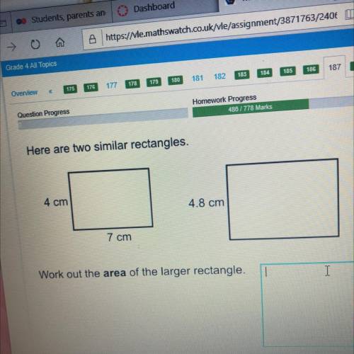 Here are two similar rectangles.

4 cm
4.8 cm
7 cm
Work out the area of the larger rectangle.